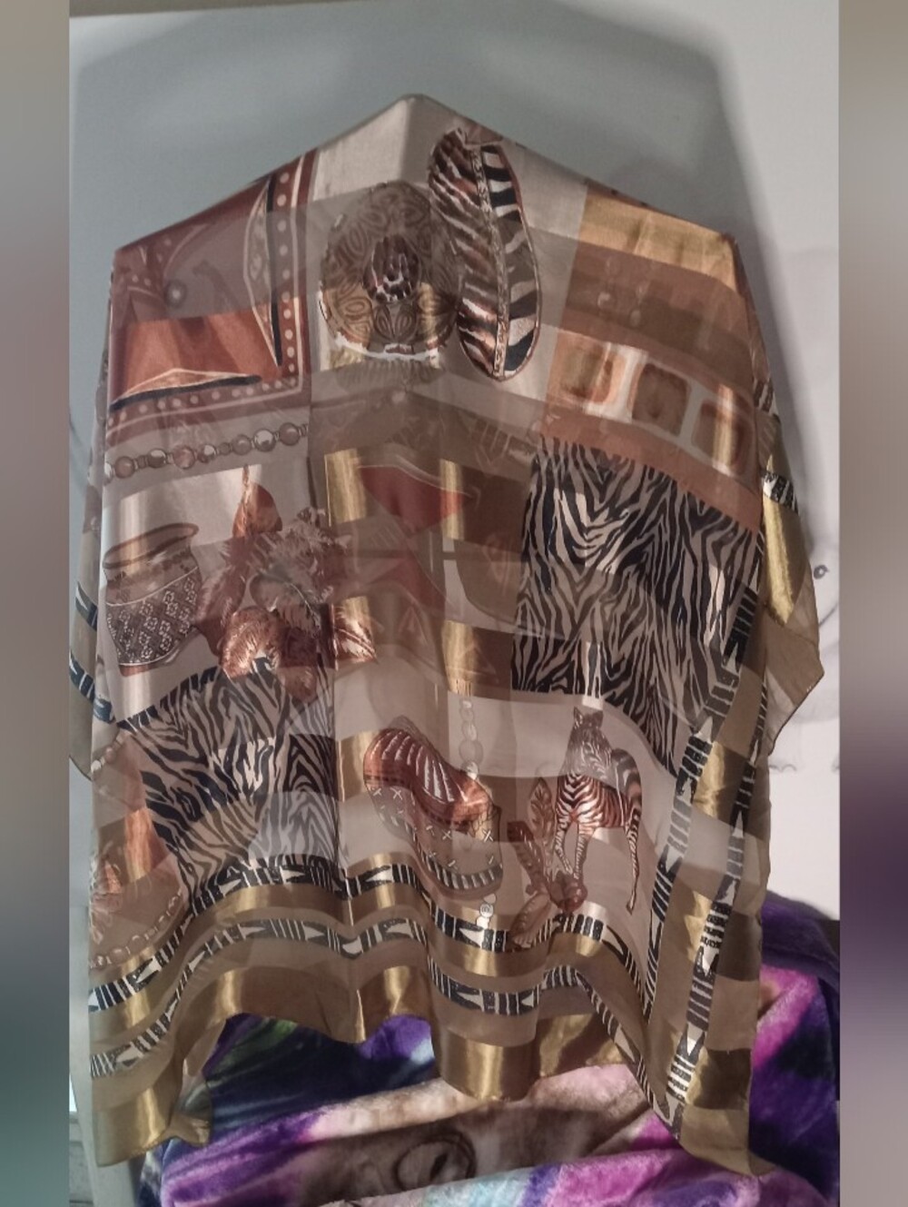 Silk-Look Animal Print Scarf in Taupe and Rust